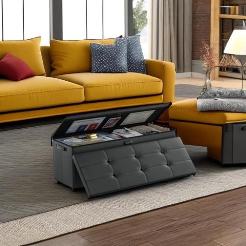 DocSafe Storage Ottoman Bench,Fireproof＆Waterproof Folding Bench with Lock(15”x 43”x15”),Leather Storage Chest with Handles＆2 Extra Boxes,Ottoman Safe for Bedroom,Living Room,Home Office,Black