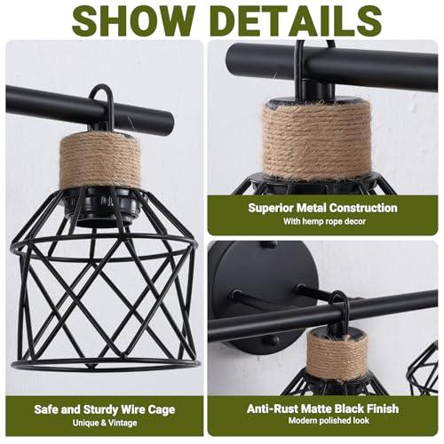 3-Light Farmhouse Bathroom Vanity Light Fixtures Over Mirror, Matte Black Vanity Lights with Metal Cage Lampshade, Vintage Bathroom Sconces Wall Lighting for Living Room Bedroom Hallway Cabinet