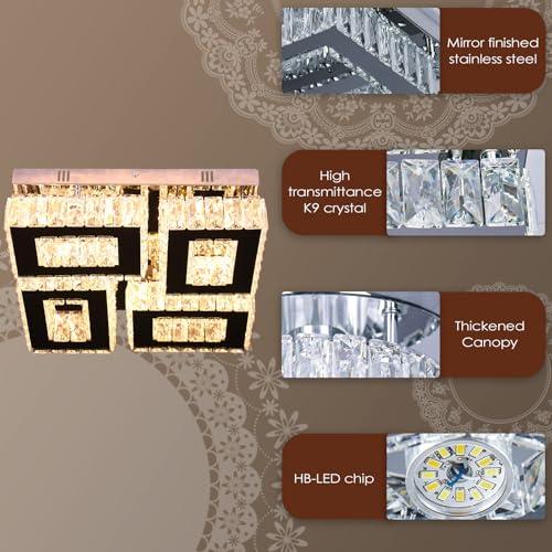 13.1''Square Crystal Chandelier Modern Crystal Ceiling Light Flush Mount Ceiling Lamps for Dining Room Living Room Bedroom Hallway (Warm)