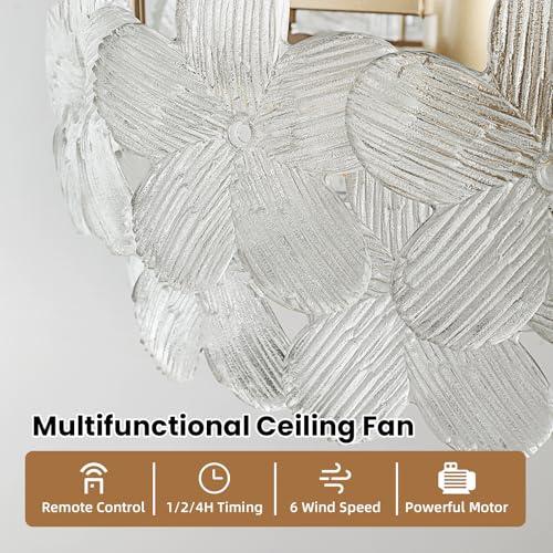 Size 20'' Fandelier Ceiling Fans with Lights, Gold Caged Ceiling Fan with Remote Low Profile, 6 Speed and Petal, Modern Semi Flush Mount Ceiling Fan for Bedroom, Living Room, Nursery