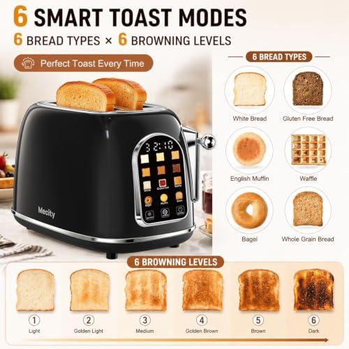 Mecity Toaster 2 Slice, Touch Screen Wide Slot Retro Toaster For Breads Bagel Muffin Waffle, House Warming Gift New Home, 120V 825W, Jet Black