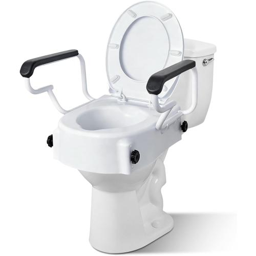 Raised Toilet Seat with Handles, 3 Heights (2/3.5/5 inch) Adjustable, Toilet Seat Riser for Seniors After Hip/Knee Surgery, 300lbs, Fits Round Toilet, with Lid, White | Adjustable Height