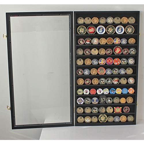 DisplayGifts Military Challenge Coin Display Case Poker Chips Holder Wall Cabinet Rack 29 X 16 Compatible with Army Navy Air Force Marine Corps Challenge Coins