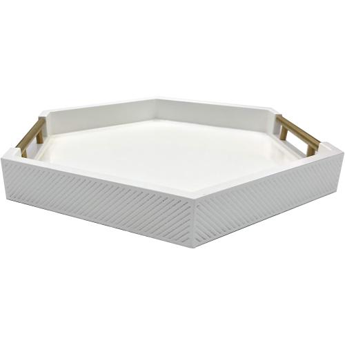 Serving Tray with Polished Metal Handles, Hexagon Coffee Table Tray, Modern Rectangle Decorative Tray, Large Ottoman Tray, Perfect for Storage and Display (White Hexagon)