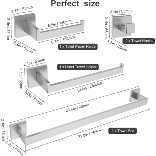 Silver 5-Piece Brushed Nickel Bathroom Hardware Set, Wall Mounted Thickened 304 Stainless Steel Towel Holder Set, Featuring 23.6 Towel Bar, Hand Towel Rack, Toilet Paper Holder, and 2 Towel Hooks