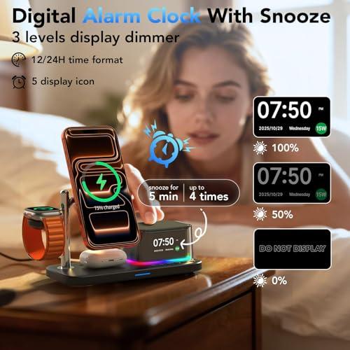 7 in 1 Alarm Clock with Wireless Charging,Charging Station with Night Light