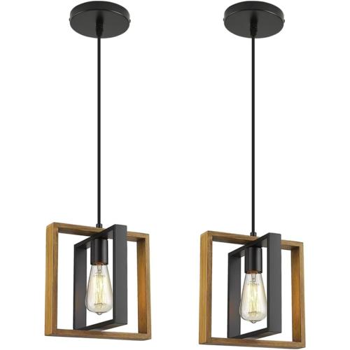 Black Pendant Lighting Modern Pendant Light, Adjustable Pendant Light Fixture,Pendant Lights Kitchen IslandLight (2 Packs Wood Metal Pendant Light)