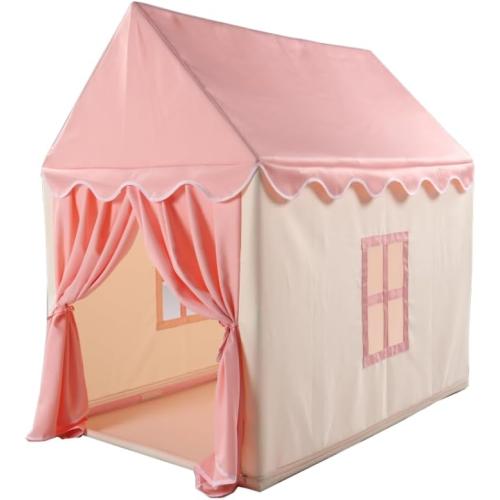 Pink Play Tent House with Curtains — Indoor Princess Playhouse with Soft Fabric Roof & Windows, Stable Frame Structure, Cozy Reading & Play Space for Home Use