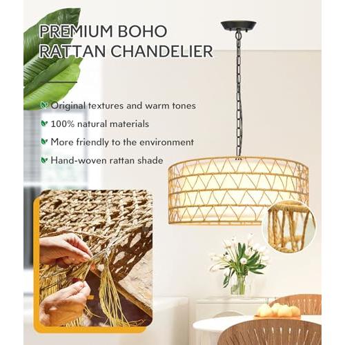 20 Rattan Chandelier Farmhouse Light Fixtures, 5-Light Boho Chandeliers for Dining Room, Fabric Lamp Shade for Living Room, Bedroom, Hallway Rattan Pendant Light Fixture, E26 (no test)
