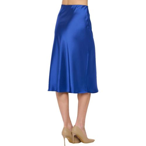 Size S Women Solid High Waist Silky Casual Elastic Satin Midi Skirt -Made in USA (Available in Plus Size)