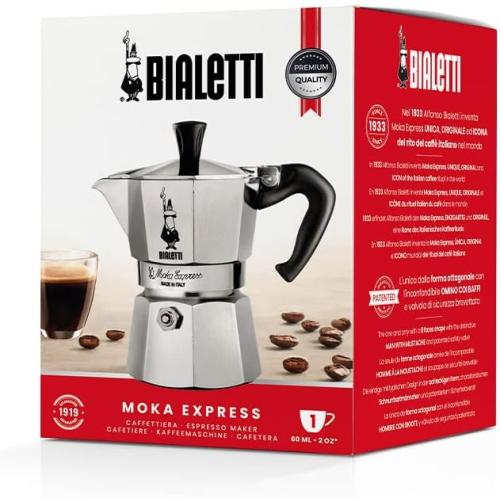 Bialetti - Moka Express: Iconic Stovetop Espresso Maker, Makes Real Italian Coffee, Moka Pot 1 Cup (2 Oz - 60 Ml), Aluminium, Silver