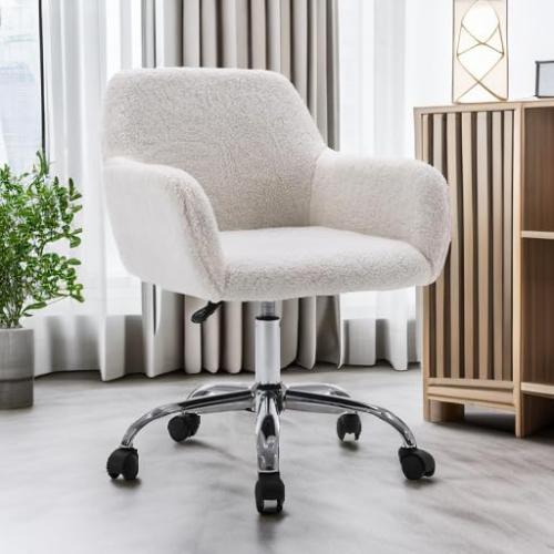 KCC Faux Fur Vanity Makeup Desk Chair, Comfy Fluffy Swivel Modern Leisure Armchair with Wheels, Upholstered Fuzzy Height Adjustable for Teens Women Girls Elegant Home Office