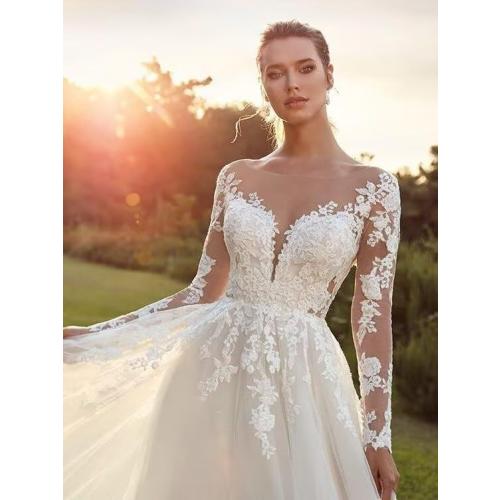 MeiLiqe Lace Appliques A-Line Wedding Dresses for Bride 2026 Beach Bridal Gowns with Train size small