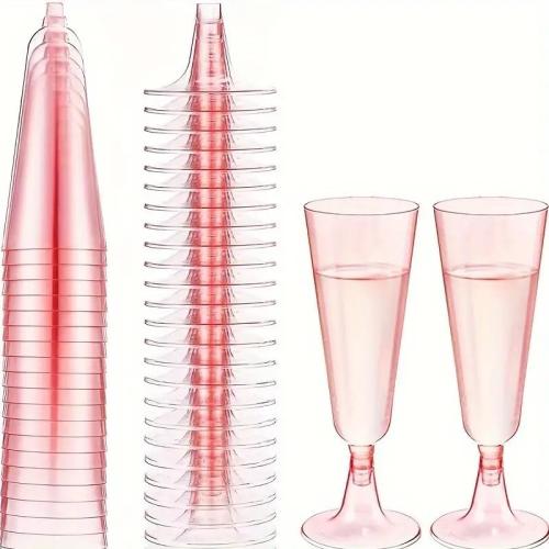 25 Pack Plastic Champagne Flutes 5.5oz Pink Disposable Suitable for Wedding, Birthday Party, Thanksgiving Day, Christmas Supplies