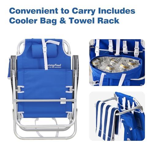 SUNNYFEEL 12.6 High Seat Beach Chair for Adults, High Back 5-Position Lay Flat Reclining Beach Chair with Detachable Cooler Bag, Folding Beach Chair with Cup Holder, Heavy Duty 360 LBS