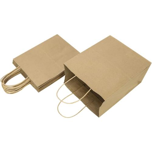 Oikss 100 Pack 8x4.75x10 Inch Medium Brown Kraft Paper Bags with Handles Bulk for Wedding Birthday Party Favors Grocery Retail Shopping Business Goody Craft Gift Bags Sacks (Plain Natural 100 Count)