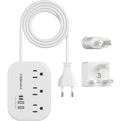 European Plug Adapter,EU/UK/US Travel Power Strip with 3 Outlets & 4 USB Ports(3.4A), International Power Adapter with 3 FT Extension Cord Compact for US to EU UK Germany Italy France Cruise