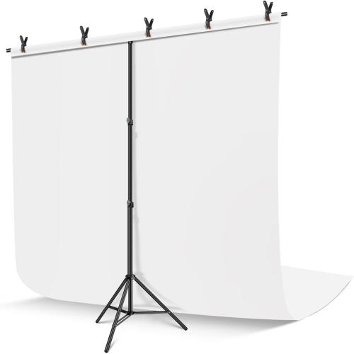 White Backdrop with Stand, 6x9 ft White Photo Backdrop Curtain with 6.3x6.5 ft Background Stand, Portable Back Drop Support Kit with Carrying Bag, 5 Strong Spring Clamps