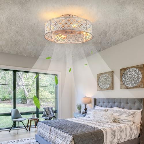 20 Caged Ceiling Fans with Lights Flush Mount Ceiling Fan with Remote,Small Black Low Profile Bladeless Ceiling Fan Light Fixture for Bedroom, Kitchen, Dining Room 4 Bulbs Included,6 Speeds