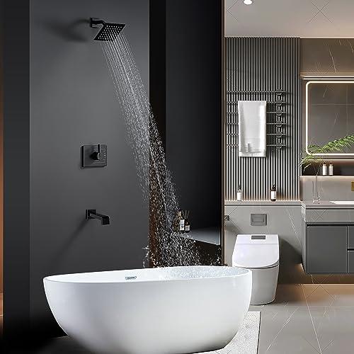 Black Shower Faucet Set with 6 Matte Black Shower Head and Tub Spout