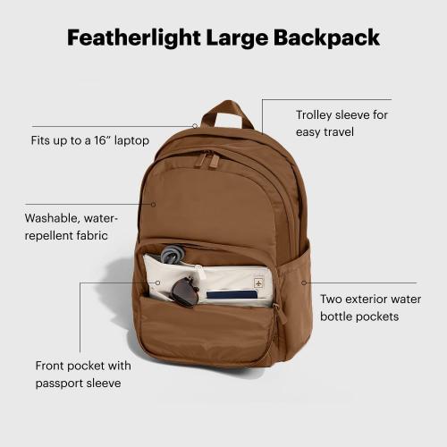 Away Large Featherlight Backpack - Lightweight Travel Backpack with Laptop Compartment, Two Water Bottle Pockets, Interior and Exterior Pockets - Fits Up to 16-Inch Laptops - Amaro Brown
