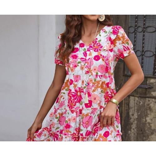 Size L Fashionable Versatile Dress for Women's V-Neck Pullover Floral Short Skirt Women