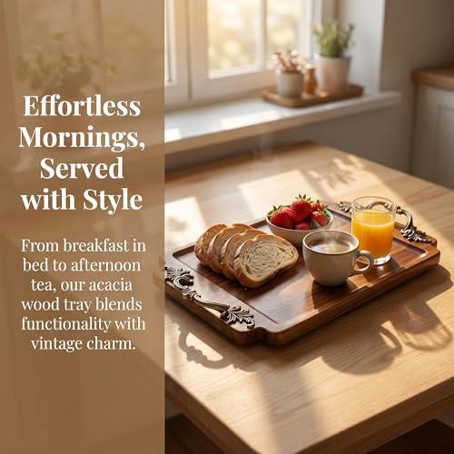 Vintage Coffee Table Decor Wooden Serving Tray, Home Decorative Wood Vanity Tray for Bathroom Kitchen Bedroom (15.3 L x 9.8 W)