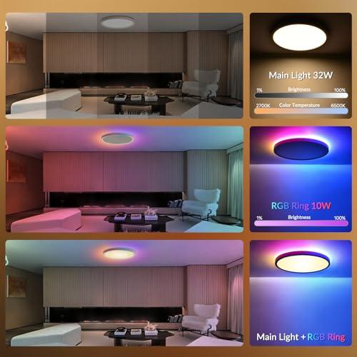 2 Pack  Size 15.8 Smart RGB LED Ceiling Light with Remote, WiFi Flush Mount Ceiling Light Works with Alexa & Google Home, 32W=3200LM Dimmable, DIY Colors & 2700K-6500K, for Bedroom Living Room