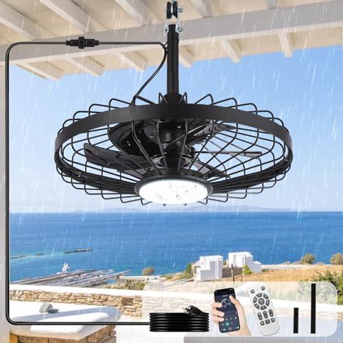 Depuley Outdoor Ceiling Fan with Light: 20 Inch Waterproof Gazebo Fans with Lights Outdoor Hanging - Plug in Remote App Control Caged Fans for Patios Pergola Porch Canopy - 6 Speed Black