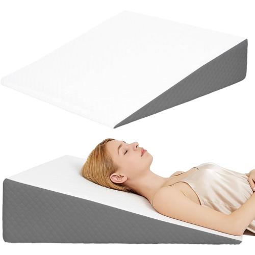 Wedge Pillow, Bed Wedge Pillows for Sleeping, Snoring, Back Support, After Surgery, Foam Triangle Pillow, Removable Washable Cover (White Gray, 10in)