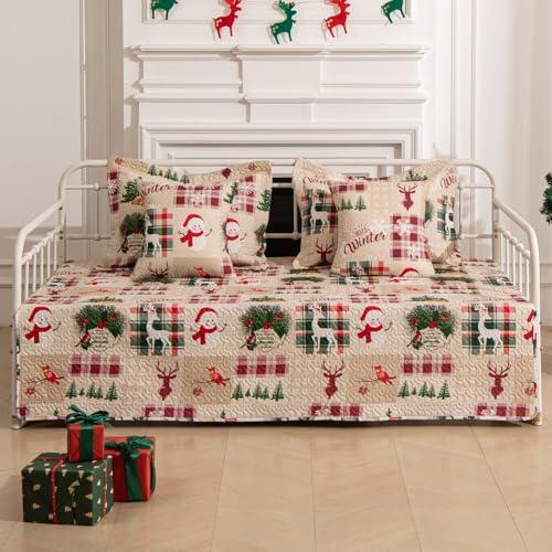 5-Piece Christmas Daybed Cover Set Twin Cozy Xmas Snowflake Reindeer Daybed Bedding Sets New Year Day Bed Comforter Bedspread, Santa Day Bed Cover with 4 Pillow Shams,39x75(Beige Red)