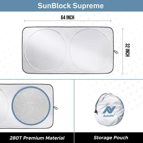 Autovir Windshield Sun Shade, Foldable Car Window Shades, 280T Visor Shade