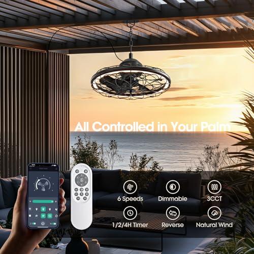 20 Outdoor Ceiling Fan, IP65 Waterproof Gazebo Fan with Light, Remote Control，6 Speeds，3CCT, Plug in Caged Ceiling Fan with Hanging Hook for Patio, Porch, Canopy