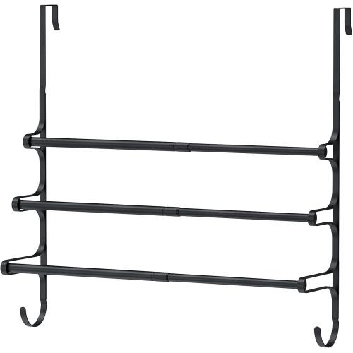 Over The Door Towel Rack, Extendable Triple Towel Storage Holder with Hooks, 24.02 Inches Towel Bar Hanger Towel Racks for Bathroom (Black)