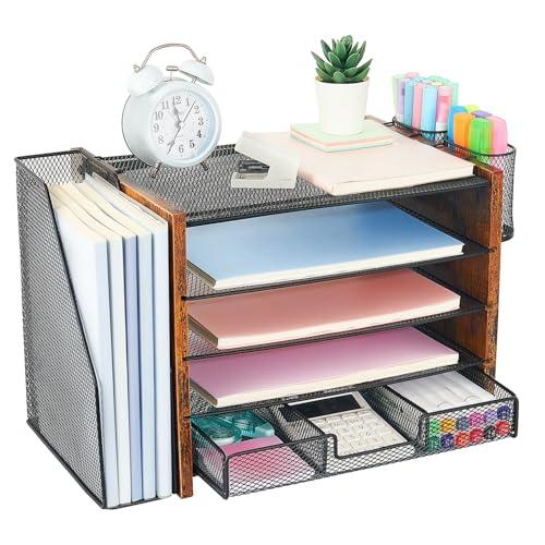 Wood Desk Organizers and Accessories with File Organizer, 5-Tier Paper Organizer with Drawer & Pen Holder, Office Desk Accessories, Workspace Desktop Storage for Office Supplies Organization（Brown）