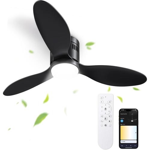 Size 52 Color Black Ceiling Fans with Lights and Remote/APP Control,52 Flush Mount Ceiling Fan with Quiet Reversible Motor, 6 Speeds, 3 Colors Dimmable,Timing,Memory Function for Bedroom Office Home