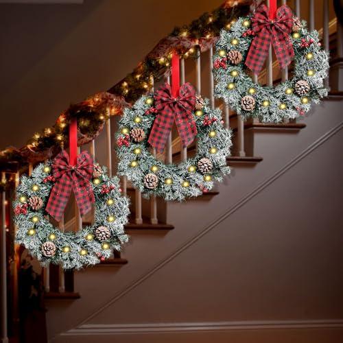 Geosar 3 Pcs LED Christmas Wreaths 13.8 with Bow Pine Cone Berry, Frosted