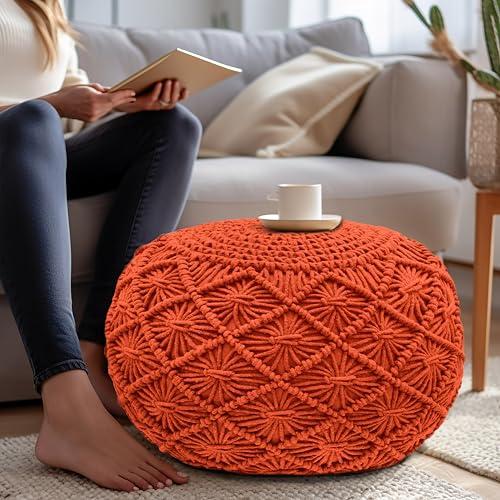 Orange 20x14 COTTON CRAFT Macrame Braided Pouf - Knitted Cotton Cord Comfortable Round Dori Pouf - Prefilled Ottoman Footrest Bean Bag - Stuffed Boho Moroccan Accent Seating - Nursery Bedroom Dorm - 20x14 - Orange