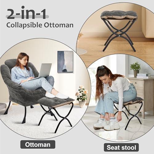 Fabric Lazy Chair with Ottoman, Oversized Upholstered Sofa Chair for Adults, Plush Comfy Lounge Chair with Large Side Storage Pocket, Reading Chair for Living Room, Bedroom, Office, Dark Gray