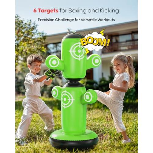 QPAU 360° Rotatable Punching Bag for Kids, Lager 64” Kids Punching Bag with Gloves, Hand Pump & 6 Targets, Bop Bag Inflatable Punching Toy, Karate Gifts for Boys, Girls