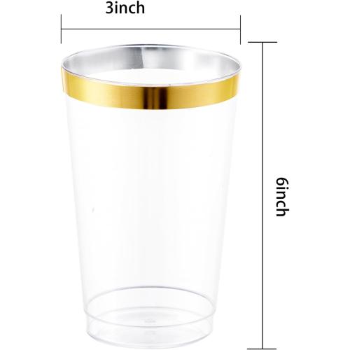 WDF 100 PACK Gold Plastic Cups - 12 OZ Gold Rimmed Disposable Cups for Thanksgiving Party, Holiday Gathering, Wedding