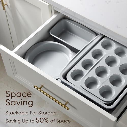 CAROTE 7-Piece Baking Pans Set, Nonstick Bakeware Sets, Gray & Blue