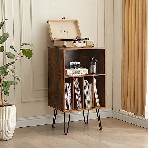 BROWN Record Player Stand with Vinyl Storage, Vinyl Record Storage Cabinet Holds Up to 150 Albums, End Table for Record Player, Turntable Stand with Record Storage for Living Room