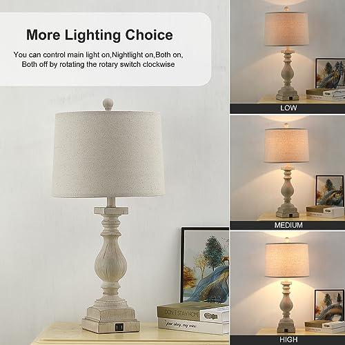 Rustic Dimmable Table Lamps Set of 2 with USB Charging Ports,26.5”Resin Beside Lamps for Living Room,Vintage Farmhouse Nightstand Lamps Traditional French Country Table Lamps for Bedroom