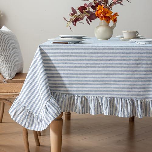 Striped Cotton Blend Tablecloth 52 × 70 Ruffled Table Cloth Washable Rectangular Fabric Table Cover Farmhouse Picnic Kitchen Dinning Tabletop Home Decoration, Blue, 4-6 Seats