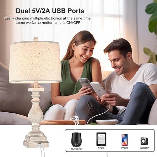 Rustic Dimmable Table Lamps Set of 2 with USB Charging Ports,26.5”Resin Beside Lamps for Living Room,Vintage Farmhouse Nightstand Lamps Traditional French Country Table Lamps for Bedroom