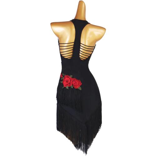 Size S ...Women's V Neck Latin Dance Performance Dresses Backless Ballroom Dress Fringe Salsa Dancing Dress Latin