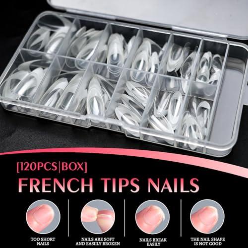 White French Tip Press on nails Short Almond Fake Nails, 120PCS Almond Nail Tips Short French Tip Nails, Clear Acrylic Nail Press on Full Cover False Nail