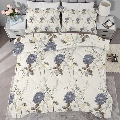 Beige Plant Comforter Full Size, Lightweight Gray Blue Floral Comforters Queen Size for All Season, Soft Microfiber Bedding Set 3 Pieces - 1 Reversible Comforter Duvet Insert   2 Pillowcases