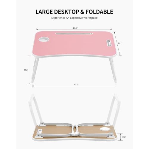 Laptop Bed Desk, Foldable Lap Table, Portable Study Table, Laptop Stand with Cup Holder & Tablet Slot & Lifting Handle for Working Writing Drawing & Eating - Pink